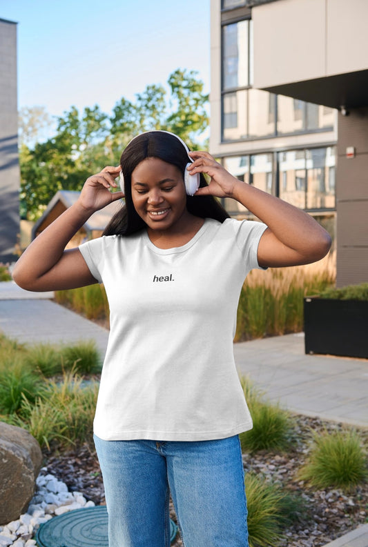 Crisp white "heal." tee
